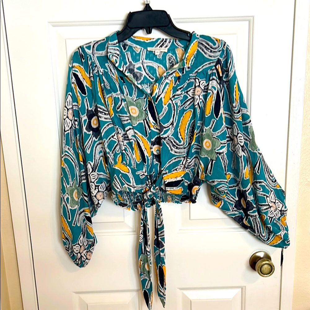 Christian Siriano Blue and Yellow Long Sleeve Crop Blouse - Picture 1 of 7